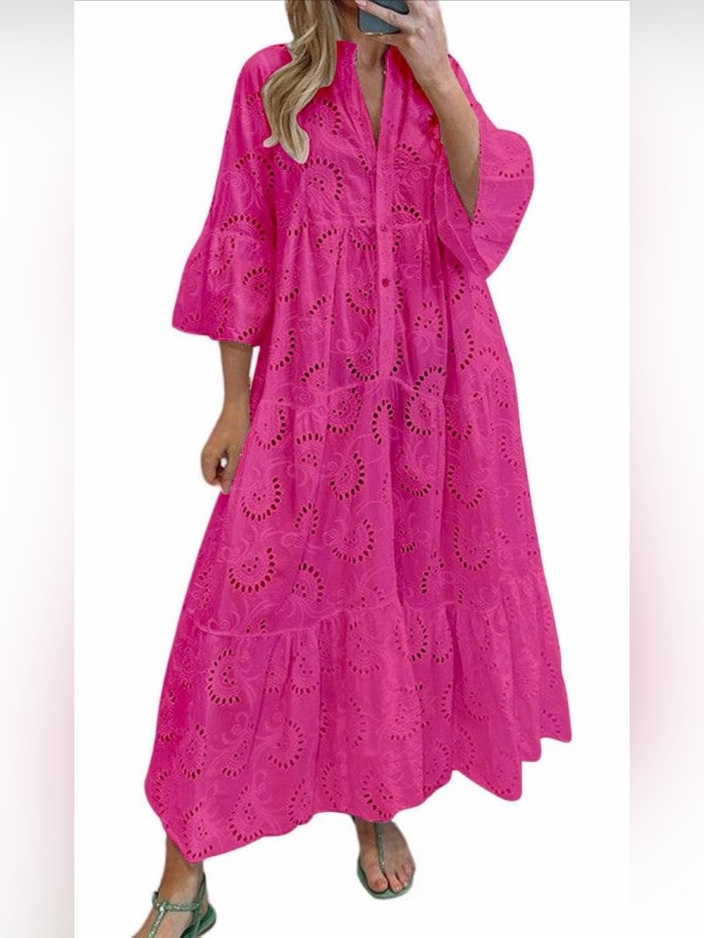 Eyelet Tiered Maxi Dress in Hot Pink